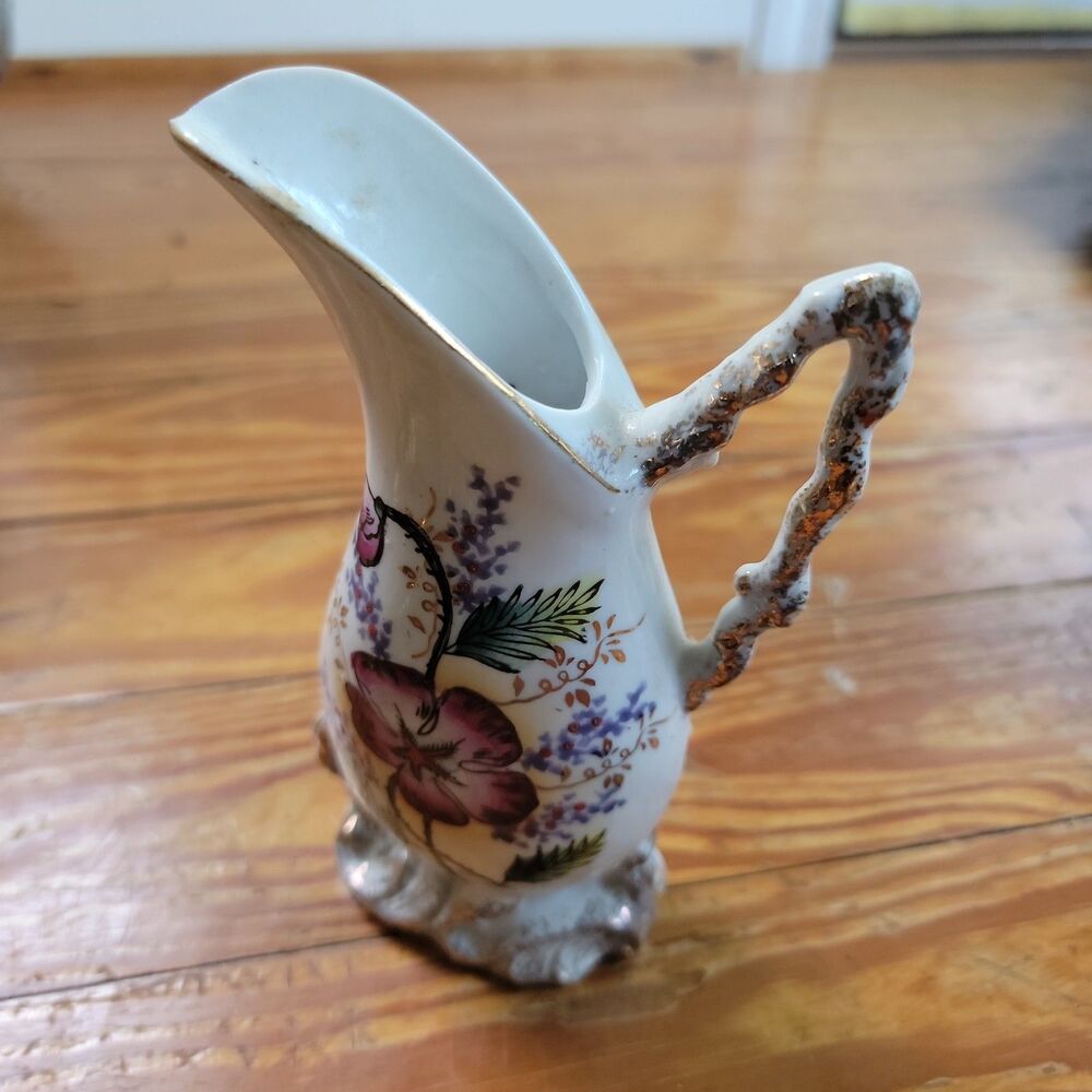 Vintage Hand Painted Ucagco Vase Pitcher Purple Floral Gold Accents 6โ